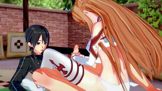 Kirito gets a blowjob a Asuna, tunc futuit eius ferreus in lectus.
